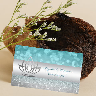 Elegant Modern Glittery Bokeh Silver Lotus Business Card