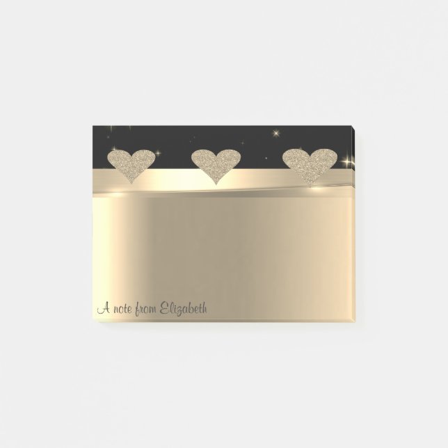 Elegant Modern Glittery Gold Hearts- Personalised Post-it Notes (Front)