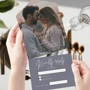 Elegant modern gloomy grey wedding photo with RSVP All In One Invitation