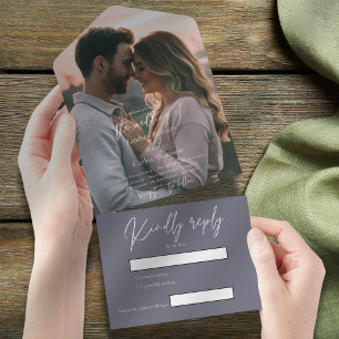Elegant modern gloomy grey wedding photo with RSVP All In One Invitation