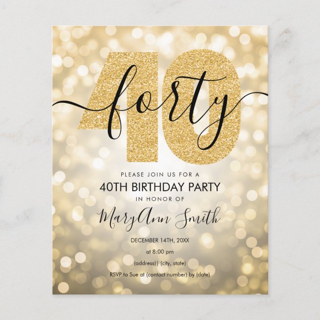 Elegant Modern Gold 40th Birthday Party Invite Flyer (Front)