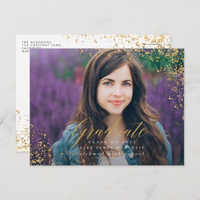 Elegant modern gold abstract speckled graduation announcement postcard (Front/Back)