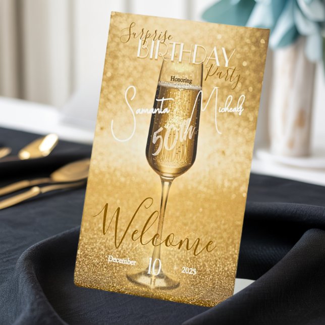 Elegant Modern Gold Adult Birthday Surprise Party  Pedestal Sign (Creator Uploaded)