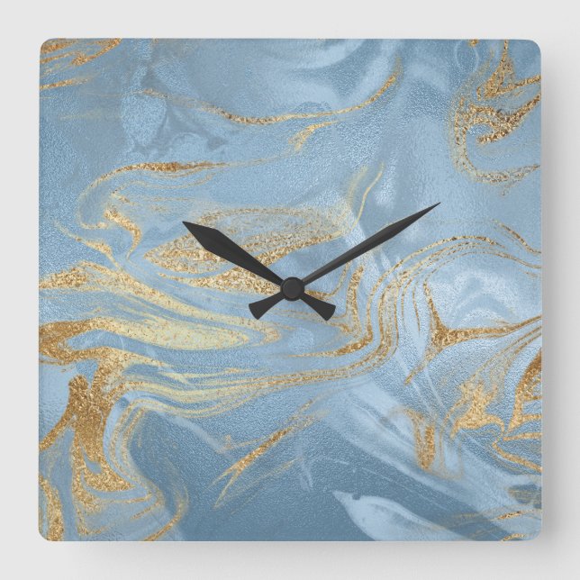 Elegant modern gold and blue marble look square wall clock (Front)