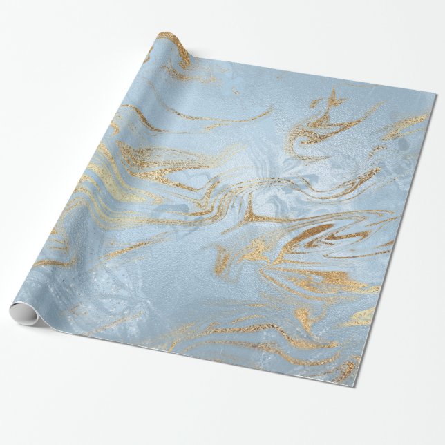 Elegant modern gold and light blue marble glitter wrapping paper (Unrolled)