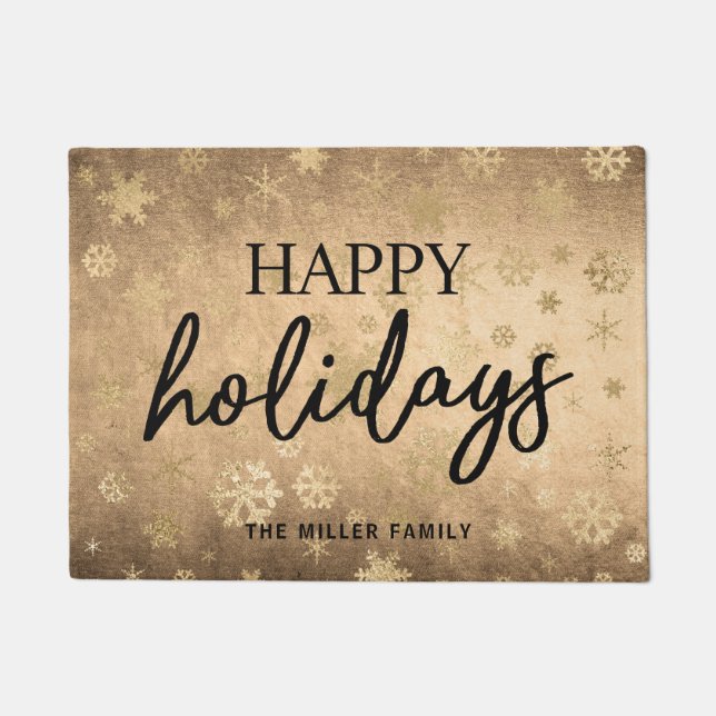 Elegant Modern Gold & Black Happy Holidays Doormat (Front)