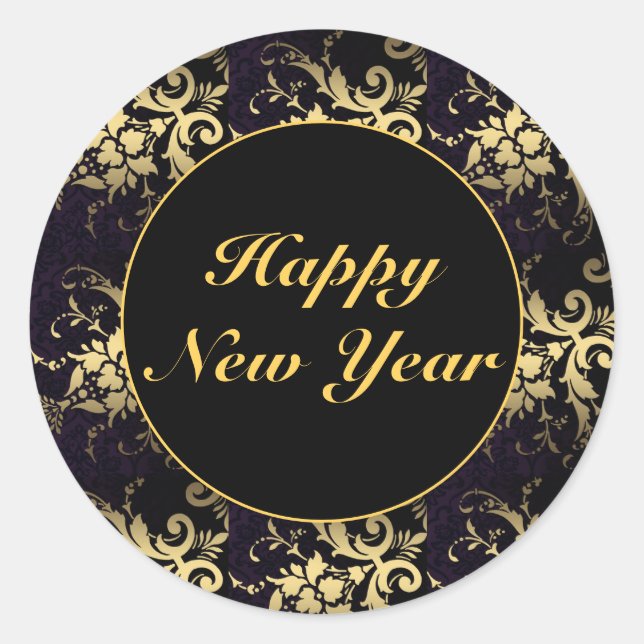 Elegant Modern Gold Black Happy New Year Stickers (Front)