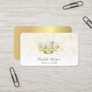 Elegant Modern Gold Confetti Floral Bakery Tools Business Card