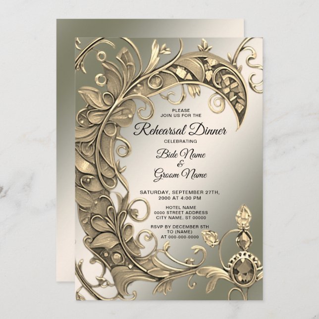 Elegant Modern Gold Decorative Rehearsal Dinner Invitation (Front/Back)