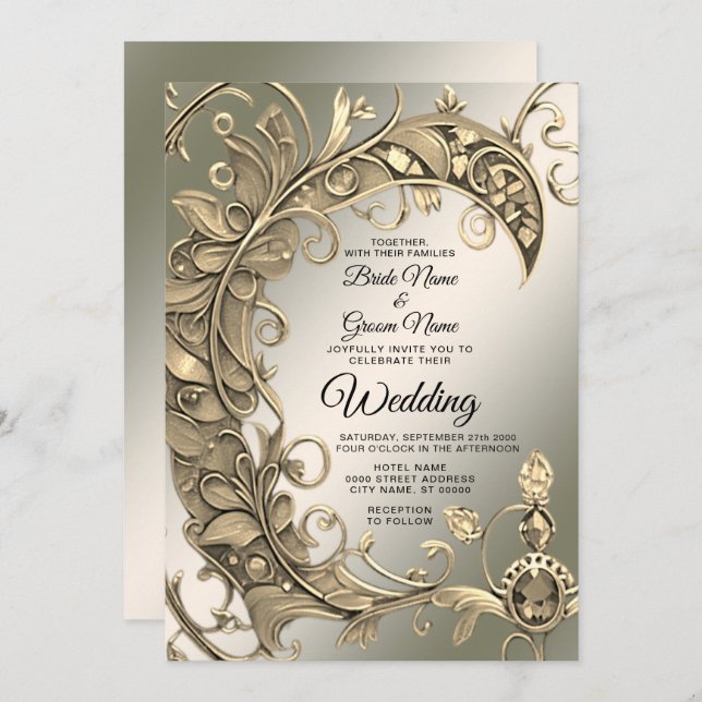 Elegant Modern Gold Decorative Wedding Invitation (Front/Back)