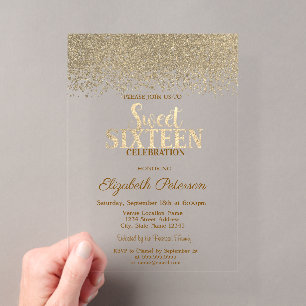 Elegant Modern Gold Diamonds Navy Blue Sweet 16 Acrylic Invitations