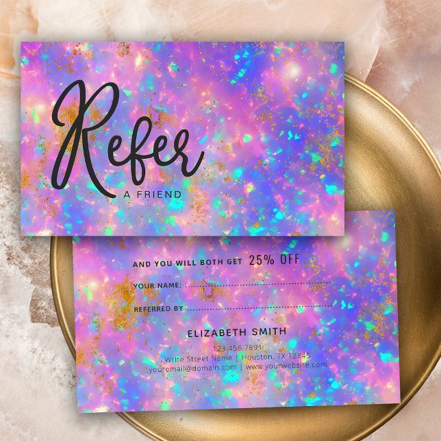 Elegant Modern Gold Fire Opal Stone Refer Referral Business Card (Front and Back)