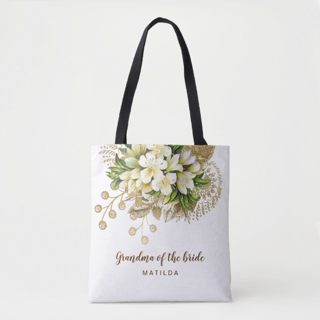 Elegant modern gold floral grandma of the bride tote bag (Front)