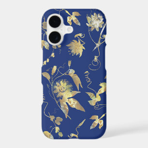 Elegant Modern Gold Flowers Royal Blue