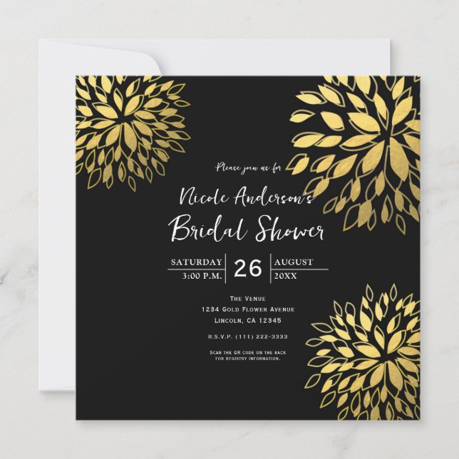 Elegant Modern Gold Foil Floral Black Invitation (Front)