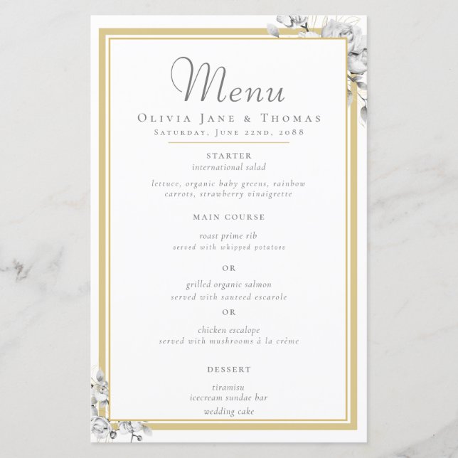 Elegant Modern Gold Frame Floral Wedding Menu (Front)