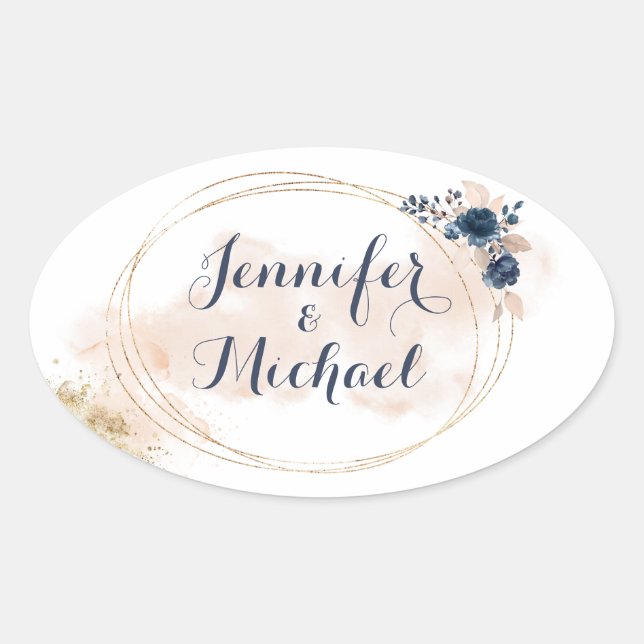 Elegant Modern Gold Frame Peach Blue Floral Oval Sticker (Front)