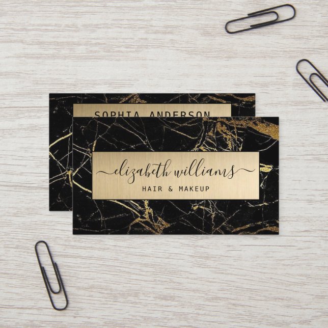 Elegant Modern Gold Glitter &  Black Marble Agate  Business Card (Front/Back In Situ)