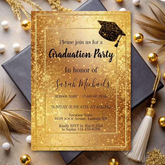Elegant Modern Gold Glitter Graduation Cap  Invitation (Creator Uploaded)
