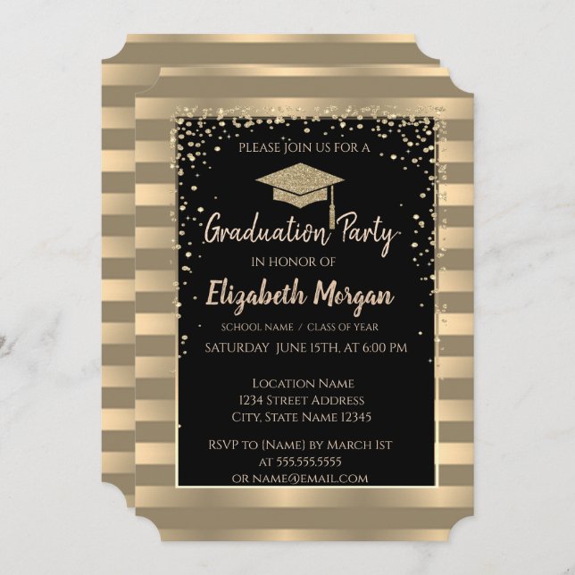 Elegant Modern Gold Glitter Graduation Cap,Stripes Invitation (Front/Back)