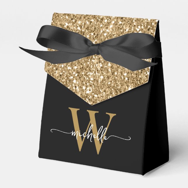  Elegant Modern Gold Glitter Monogram Name Script Favour Box (Front Side)