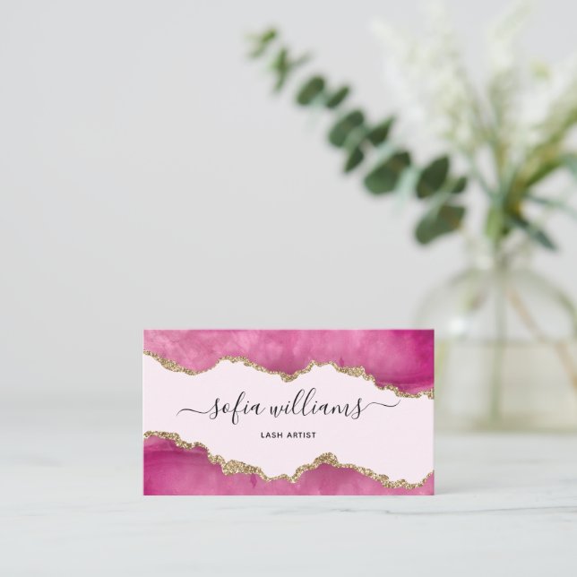 Elegant Modern Gold Glitter Pink Agate  Business C Card (Standing Front)