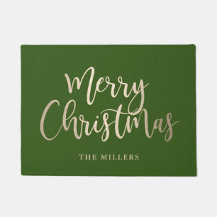 Elegant Modern Gold & Green Merry Christmas Doormat