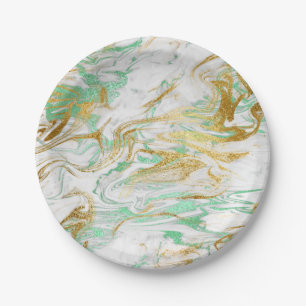 Elegant modern gold green white marble look paper plate