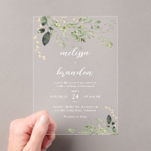 Elegant Modern Gold Greenery Eucalyptus Wedding Acrylic Invitations