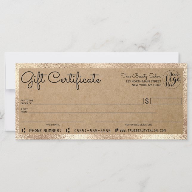 Elegant Modern Gold Kraft Check Gift Certificate (Front)