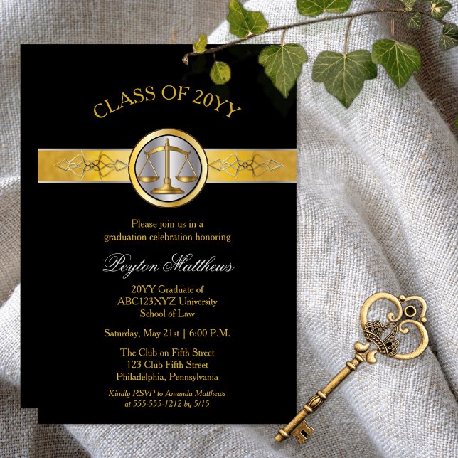 Elegant Modern Gold Law School Graduation Invites (Elegant Modern Gold Tone and Black Law School Lawyer | Attorney Graduation Announcement | Invitation)