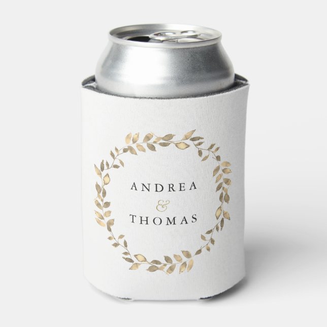Elegant Modern Gold Leaf Wreath Engagement Party Can Cooler (Can Front)