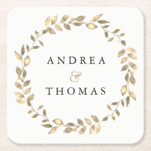 Elegant Modern Gold Leaf Wreath Engagement Party Square Paper Coaster