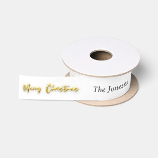 Elegant Modern Gold Merry Christmas Custom White Satin Ribbon