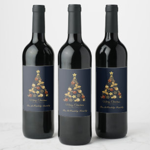 Elegant Modern Gold Merry Christmas Tree Design Wine Label