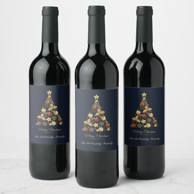 Elegant Modern Gold Merry Christmas Tree Design Wine Label (Bottles)