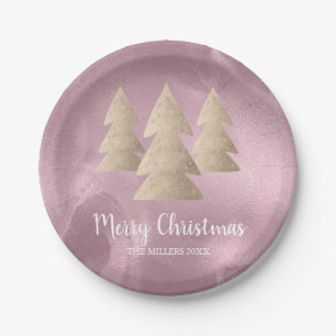 Elegant modern gold Merry Christmas tree marble Paper Plate