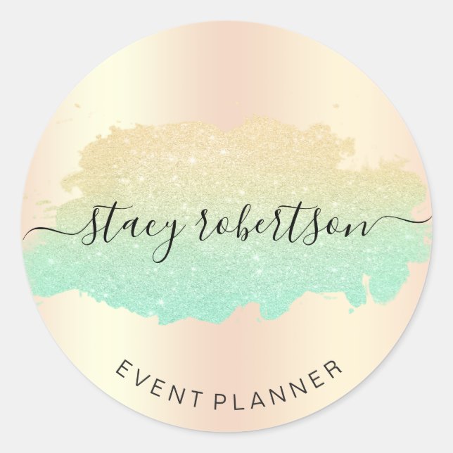 Elegant modern gold & mint glitter planner classic round sticker (Front)