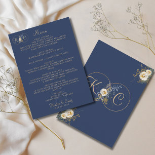 Elegant Modern Gold Monogram Navy Blue Wedding Menu