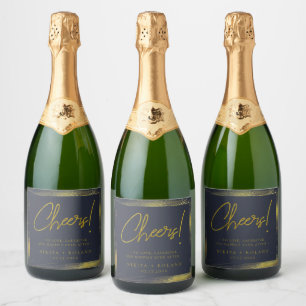 Elegant Modern Gold Personalised Navy Blue Sparkling Wine Label