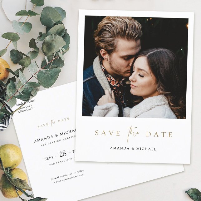 Elegant Modern Gold Photo Save the Date Wedding Announcement Postcard (Creator Uploaded)