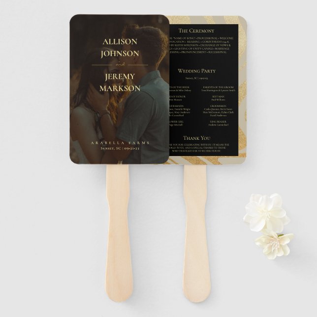 Elegant Modern Gold Photo Wedding Program Hand Fan (Front and Back)