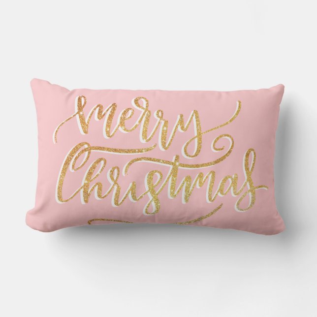 Elegant Modern Gold Pink Merry Christmas Script Lumbar Cushion (Front)
