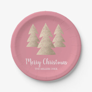Elegant modern gold & pink Merry Christmas tree Paper Plate