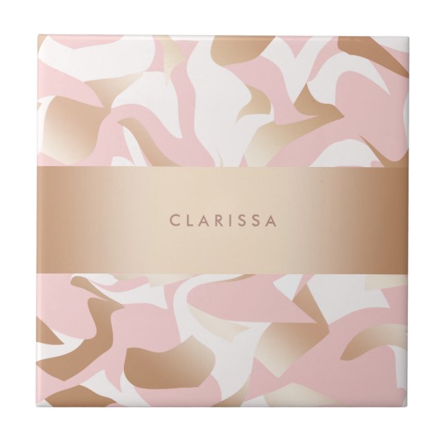 Elegant modern gold pink white abstract pattern tile (Front)
