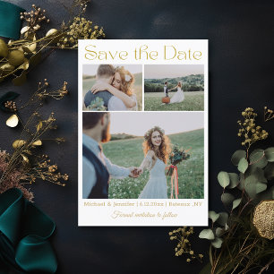 elegant modern gold script 3 photo collage wedding save the date