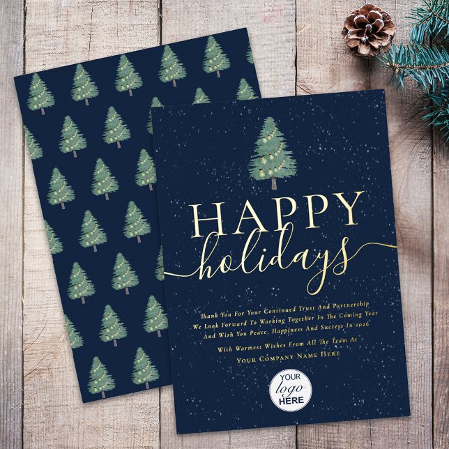 Elegant Modern Gold Script Business Corporate Blue (Modern elegant happy holidays corporate logo blue & gold foil business holiday card)