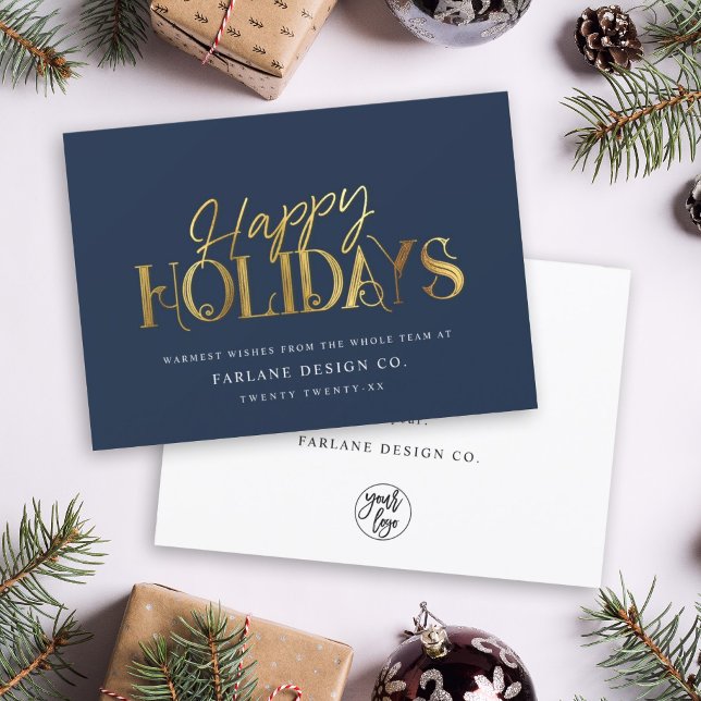 Elegant Modern Gold Script Business Corporate Blue Holiday Card (Creator Uploaded)