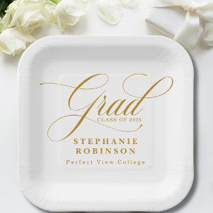 Elegant Modern Gold Script Graduation Party Paper Plate