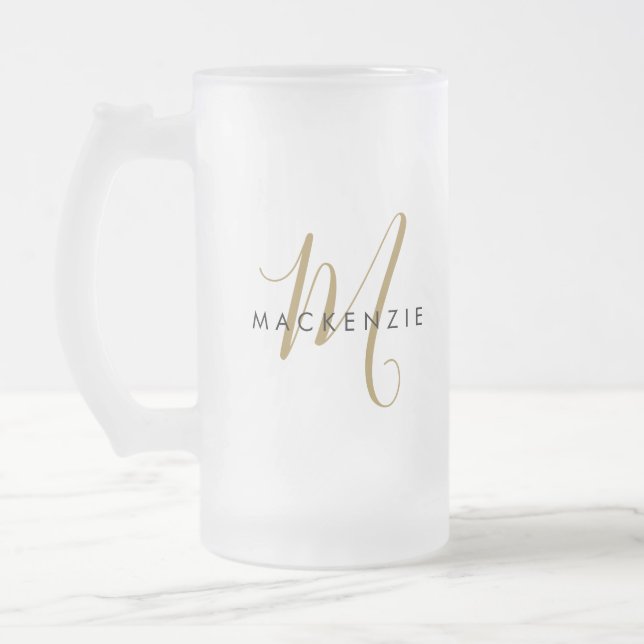 Elegant Modern Gold Script Monogram Frosted Glass Beer Mug (Left)